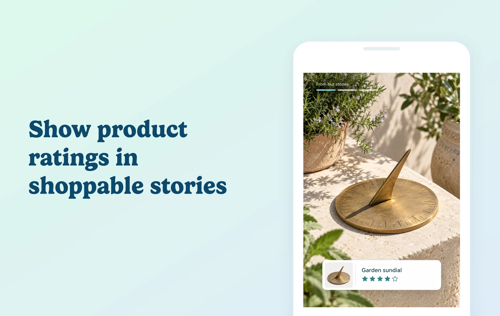 Judge.me and Instafeed+Story integration: illustration of an Instagram story displayed in a shoppable storefront widget, featuring a sundial and a matching rated product card inside a phone.