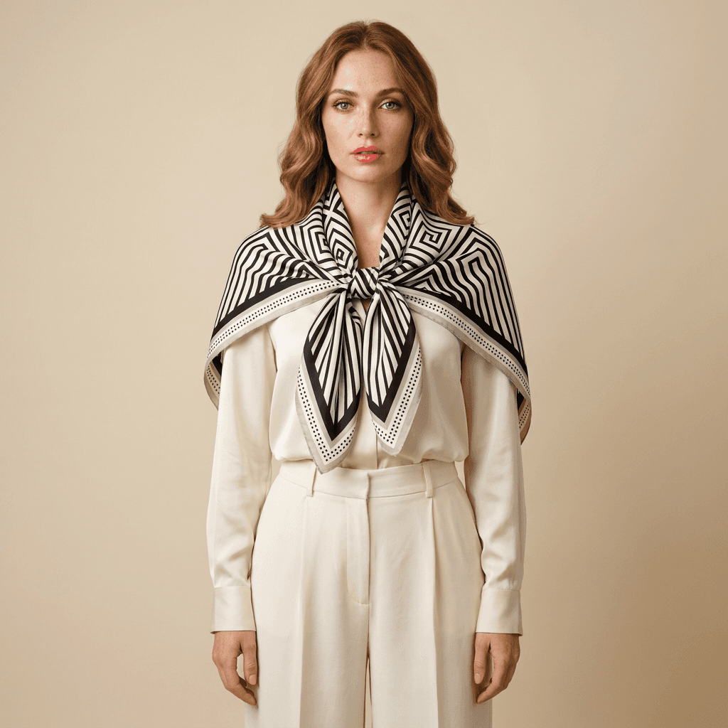 Foulard en soie pour femme – motif zigzag en spirale angulaire noir et blanc, structure en grille diagonale