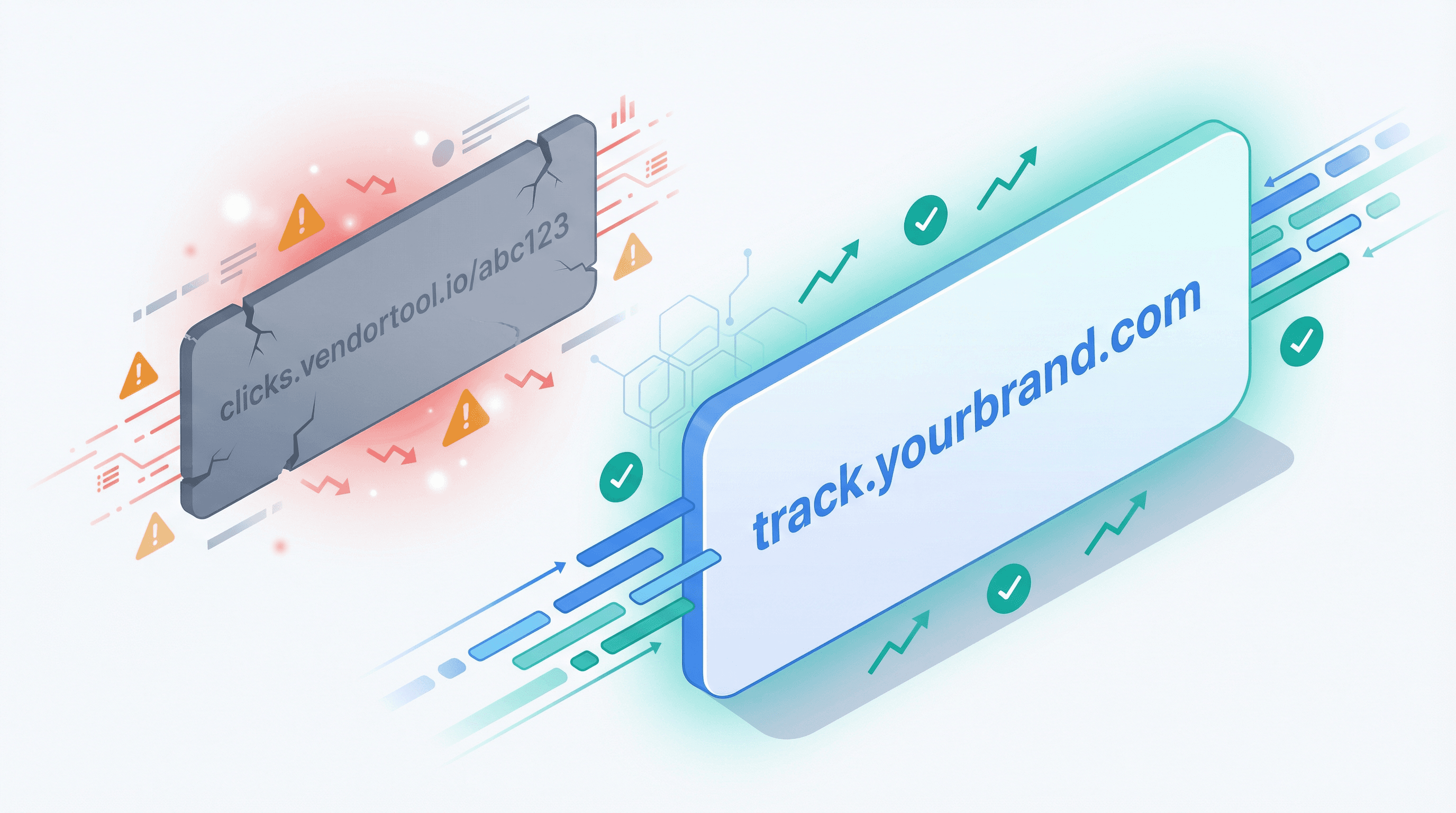 Custom tracking domain vs shared vendor domain comparison showing reputation control and deliverability impact