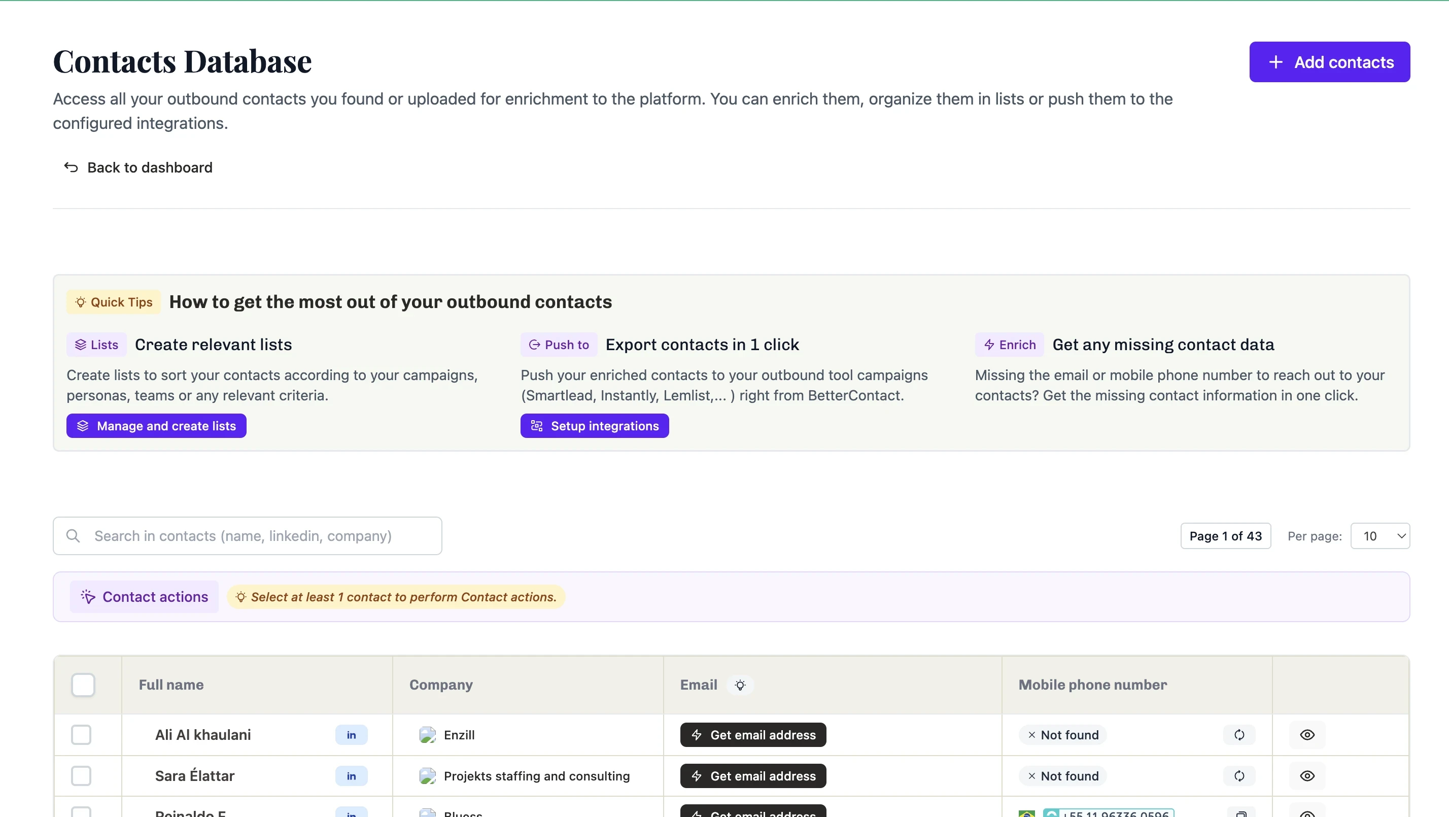 BetterContact dashboard showing verified contacts, accuracy score, and credit usage.