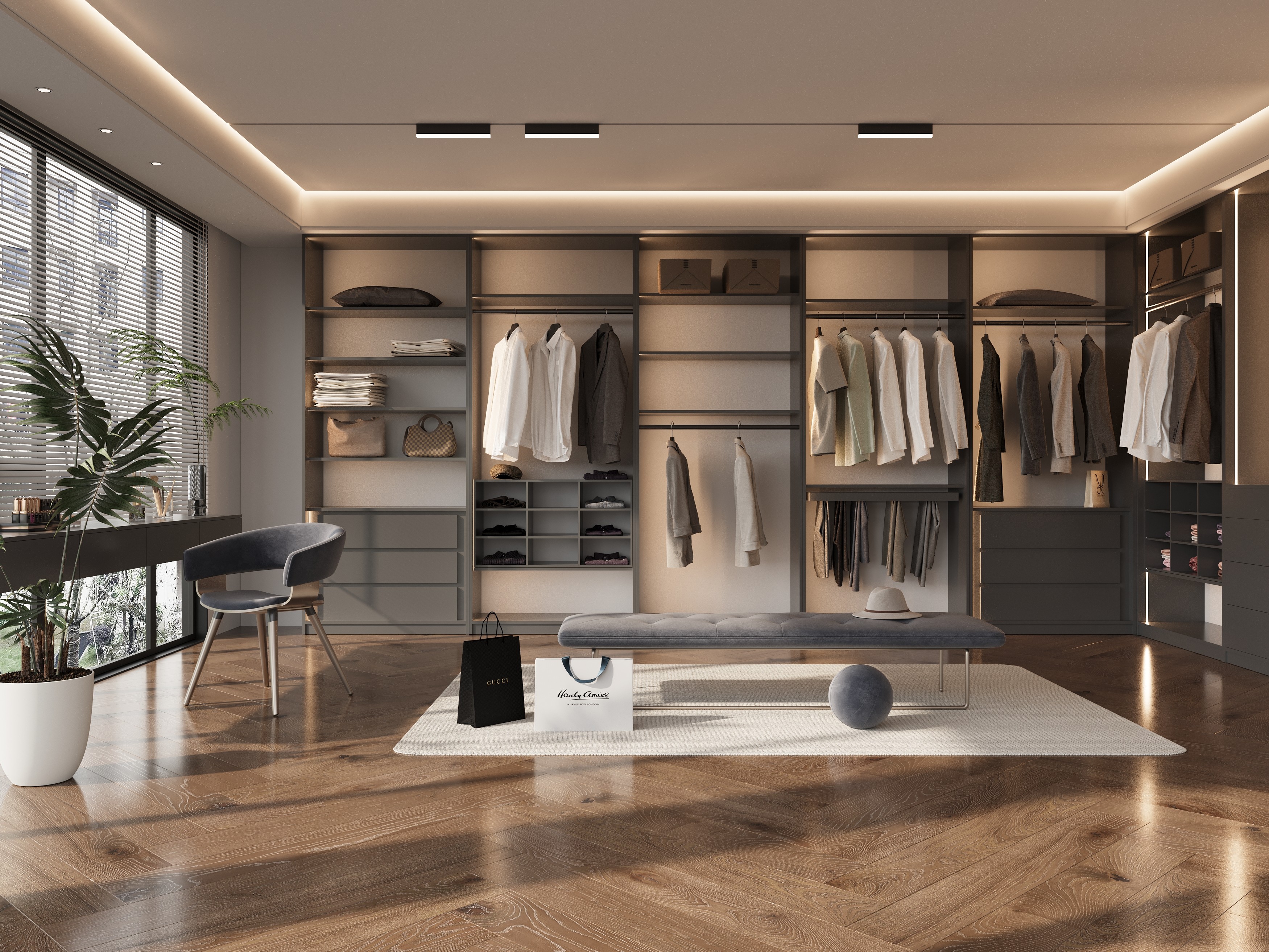 a living room with a couch, chair and table