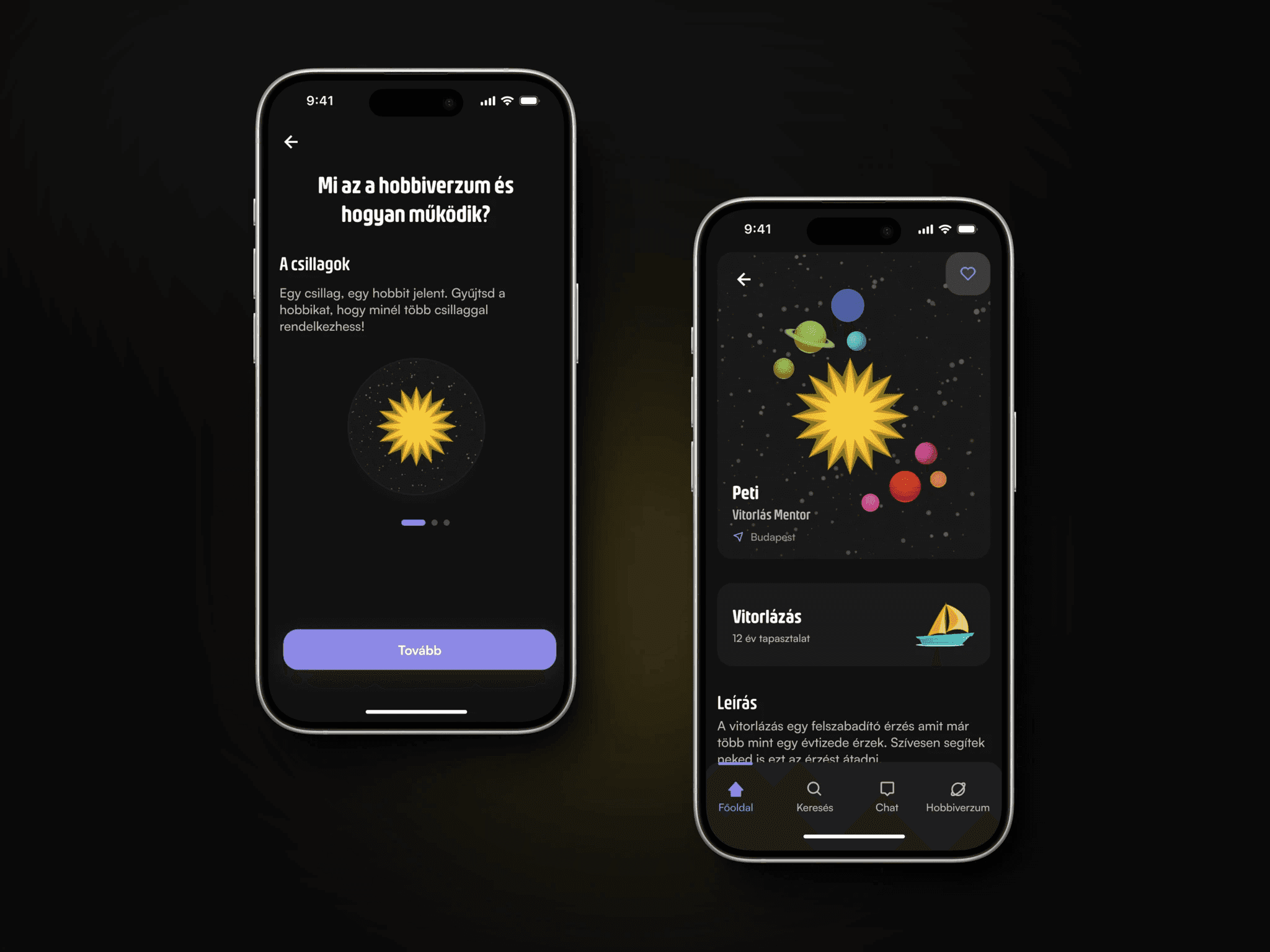 Two mobile app screens showing a hobby discovery experience with animated planet-style interest visualization and onboarding content.