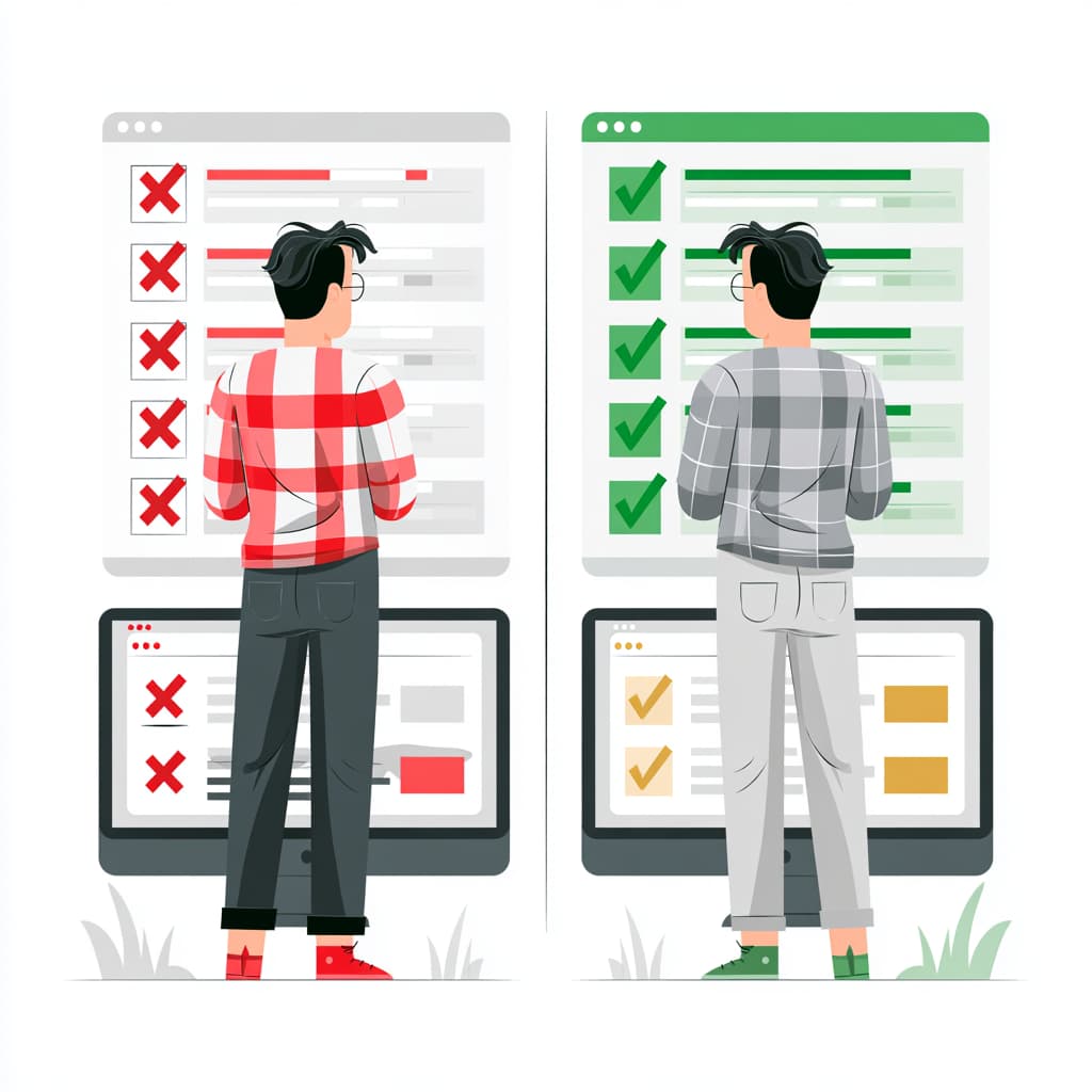 links ist eine website mit vielen kreuzen, rechts ist eine website mit vielen grünen häkchen