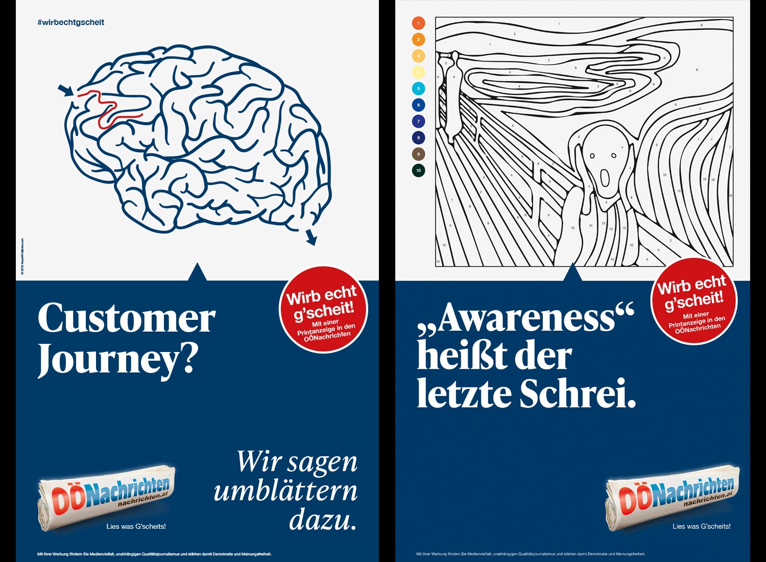 Zwei OÖNachrichten-Sujets: links ein gezeichneter Gehirnumriss mit dem Text „Customer Journey? Wir sagen umblättern dazu.“; rechts ein Ausmalbild des „Schreis“ mit dem Text „‚Awareness‘ heißt der letzte Schrei.“