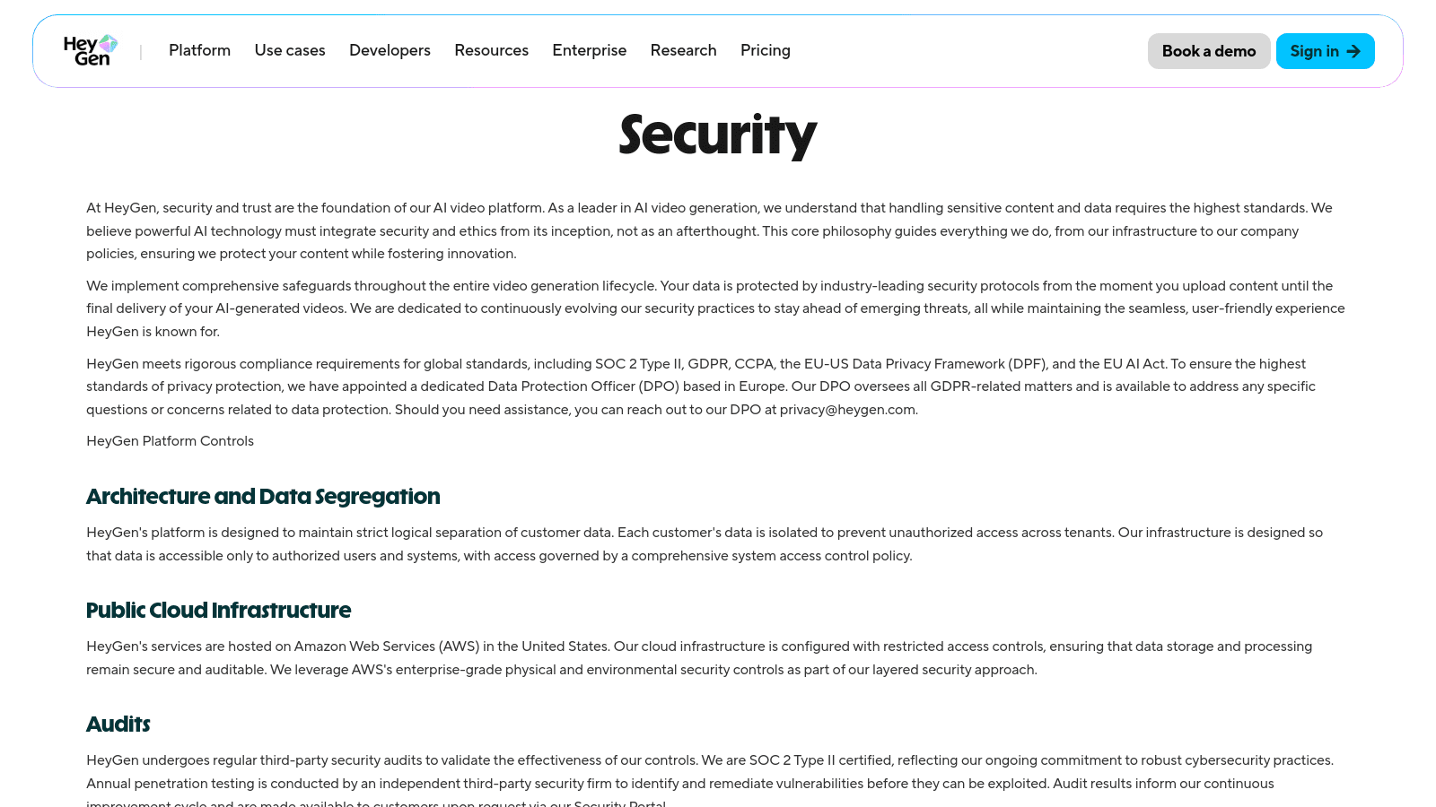 The HeyGen security and compliance information page detailing data protection, cloud infrastructure, and security audit standards.