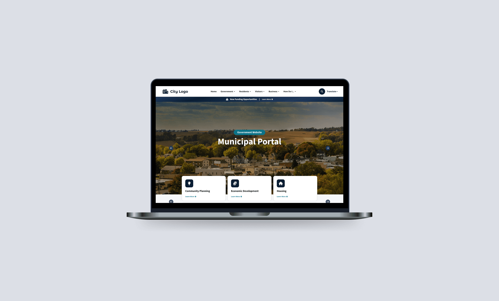 Desktop + mobile mockup of a city homepage + inner page grid (News/Departments/Services).