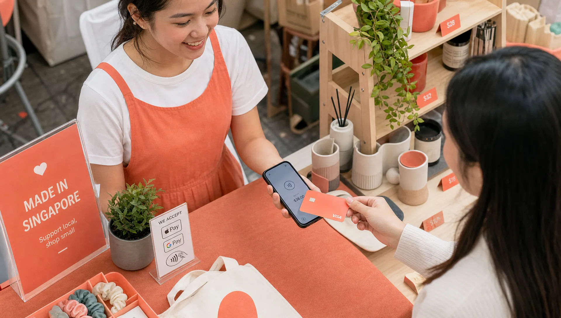 A Singapore pop-up stall owner accepting a contactless card payment on a smartphone while a customer taps their card on the back of the phone. The stall has neatly arranged retail products and a simple checkout area, viewed from slightly above.