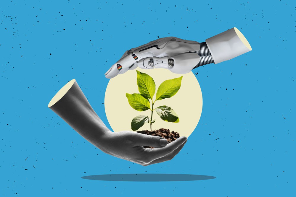 Robotic hand and human hand cradle a growing plant with green leaves against a blue background.