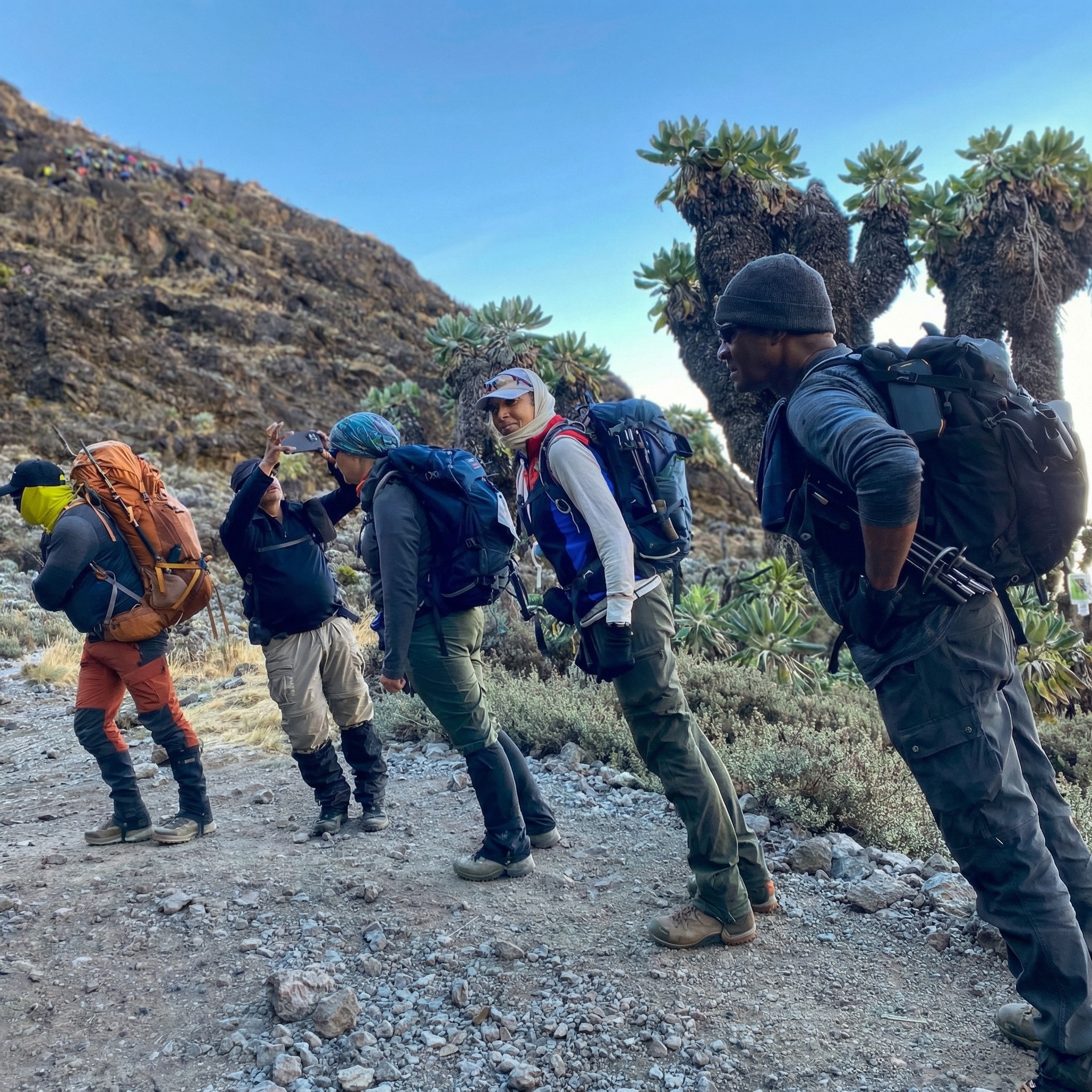 Traveler walking across golden dunes in AlUla desert under clear blue sky.