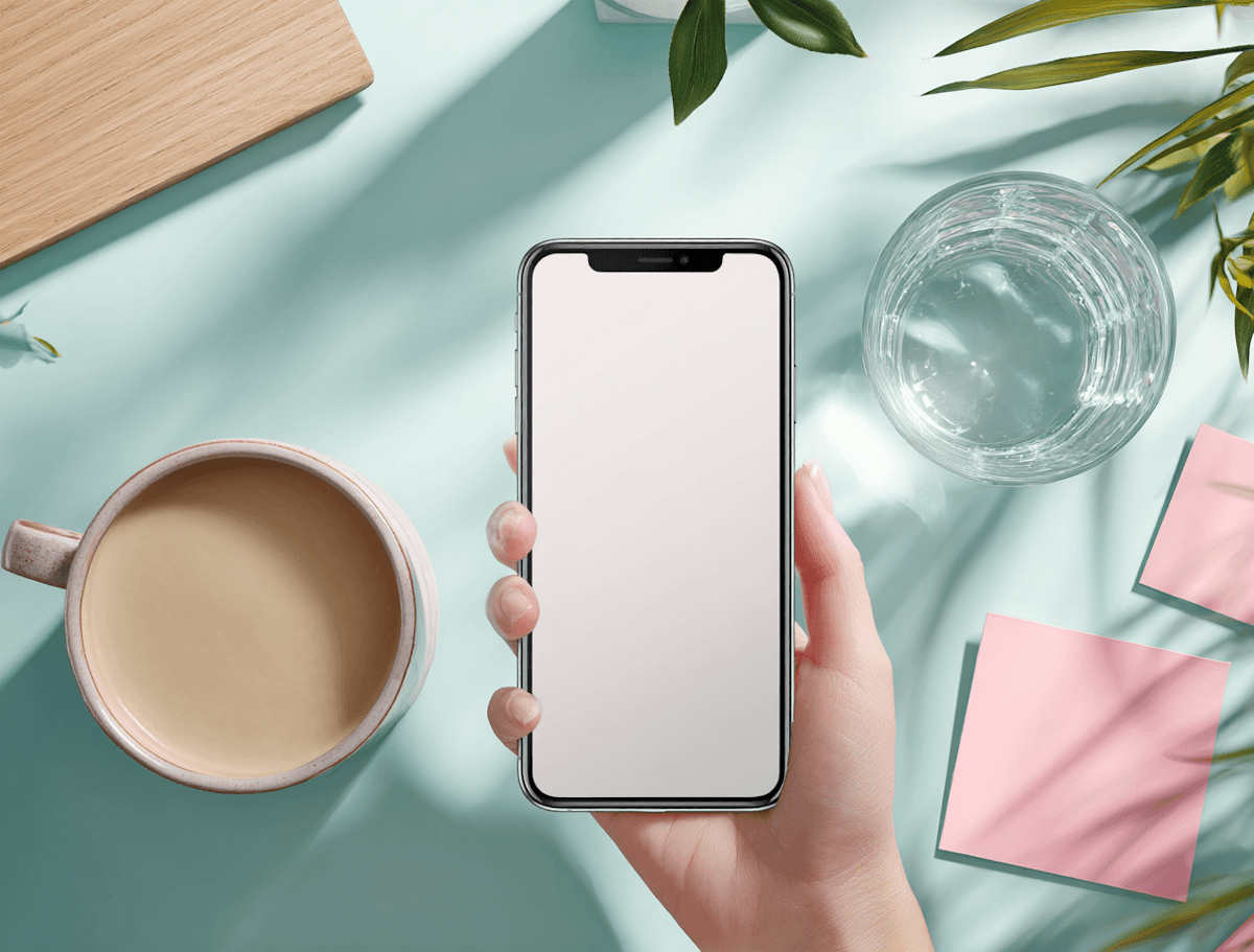 Hand holding smartphone with full screen visible, abstract objects behind.