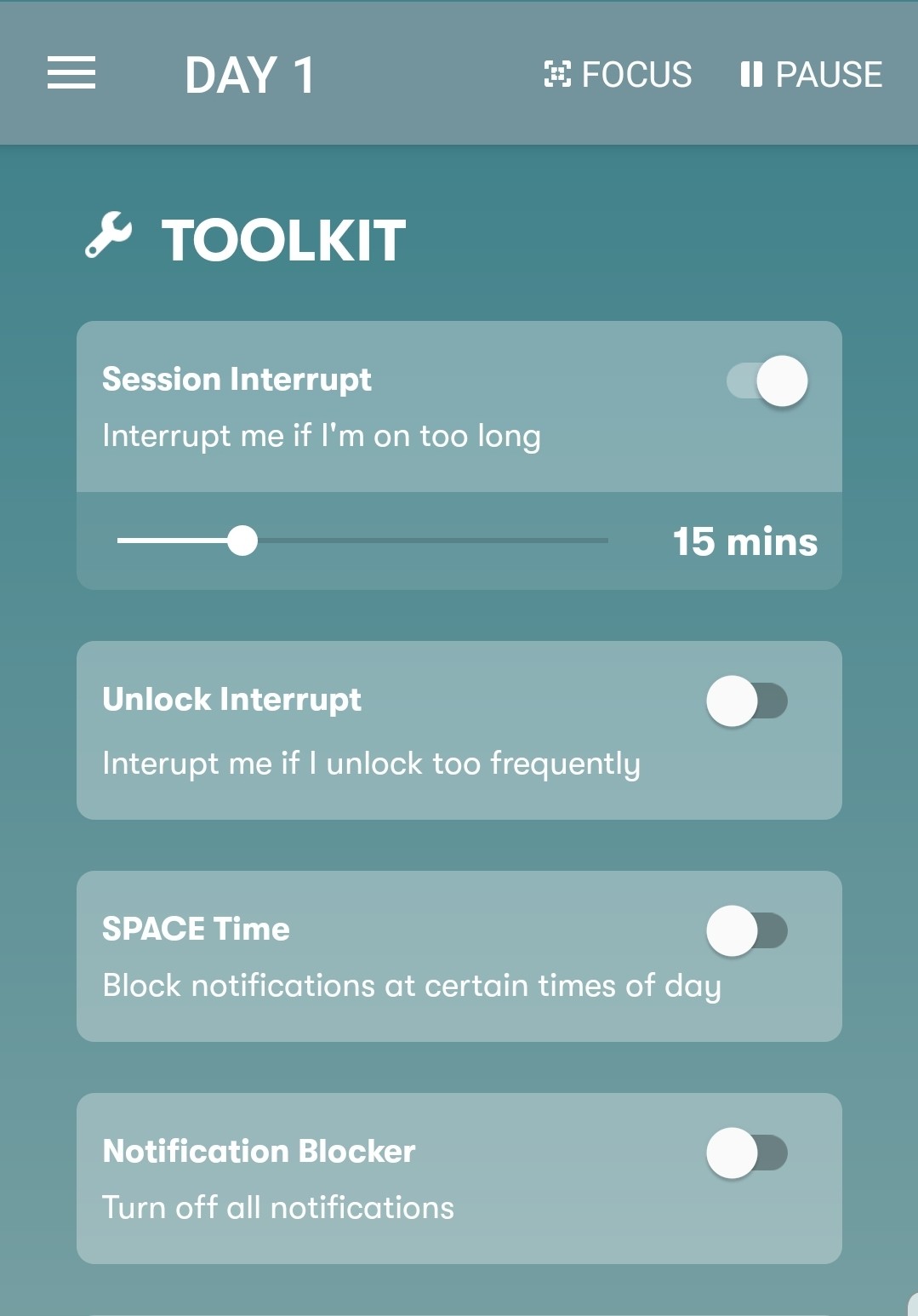 Phone usage tracking app showing ToolKit and features of the app.