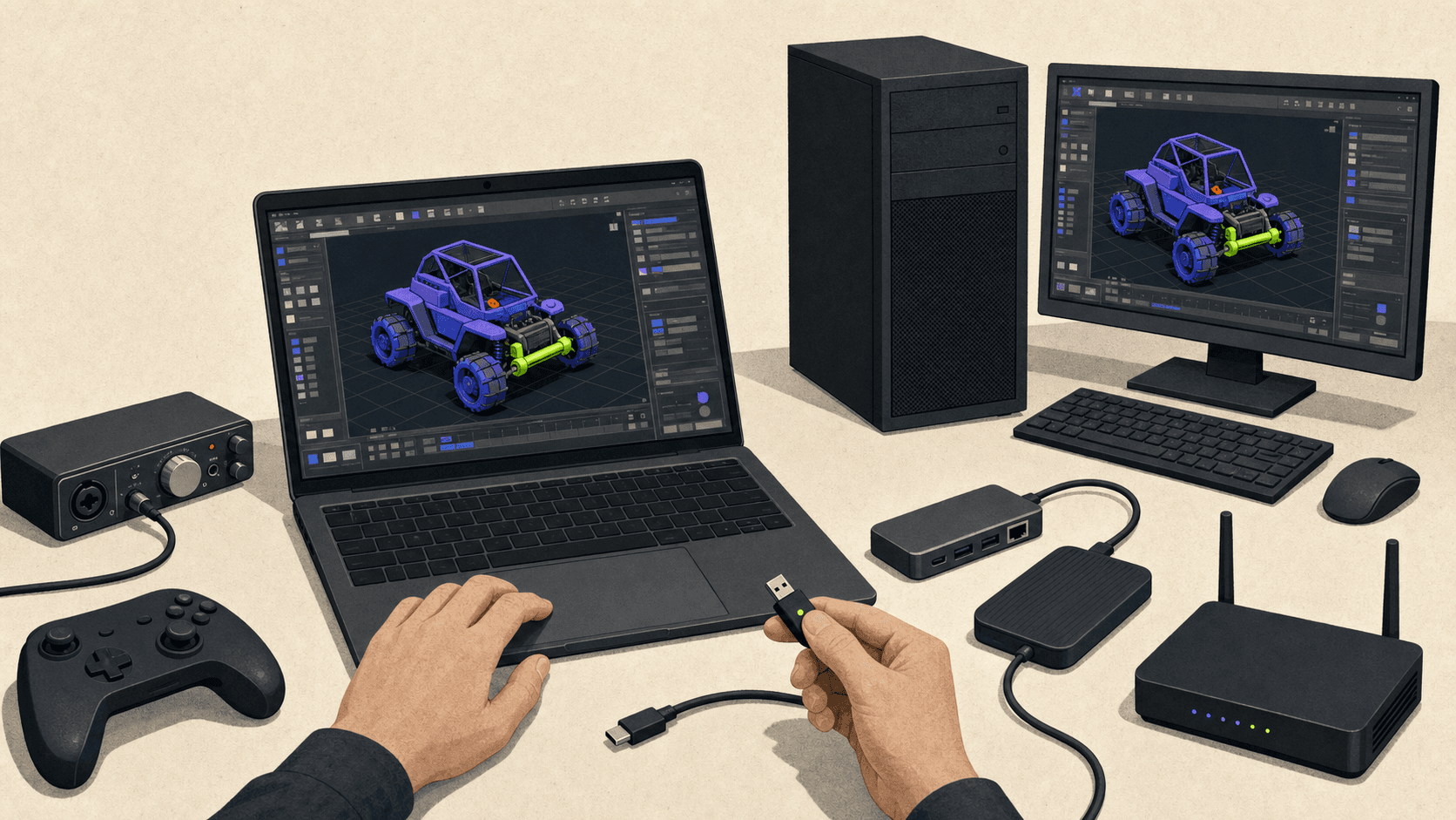 Apple Silicon laptop showing local Windows apps alongside a separate Windows PC, remote workstation, controller, and professional peripheral.