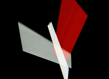 Suggestive possibly of an active laptop in minimalist style.  Abstract geometric digital artwork on a pitch-black background. Three distinct rectangular planes intersect in mid-air: a large, angled plane with a dark red wooden texture pointing upward to the right, a horizontal pale gray textured plane, and a narrow, semi-translucent white bar slicing diagonally through the center, showing transparency where the forms overlap.