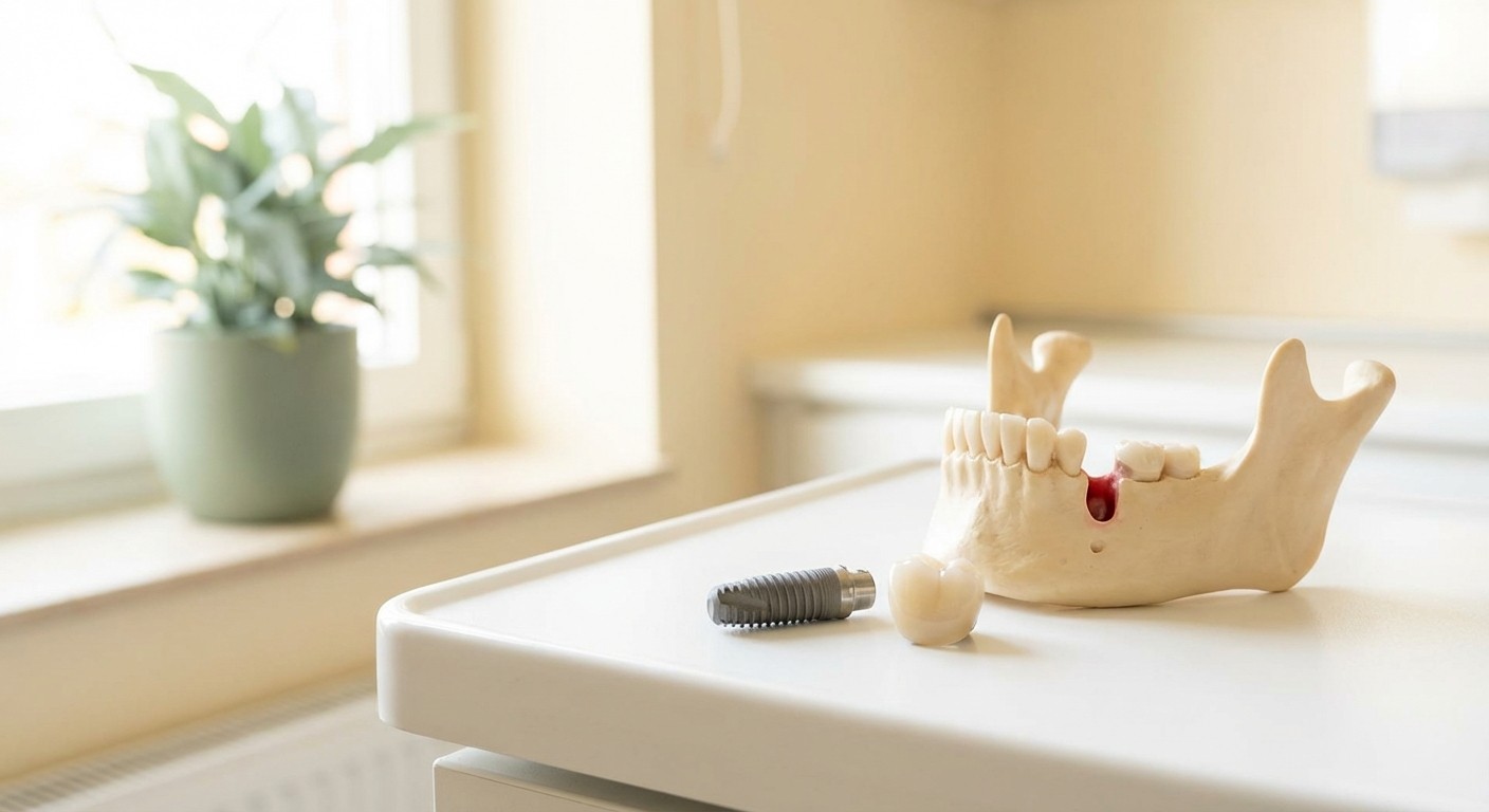 Titanium dental implant post and ceramic crown on a clinical surface in a modern dental office