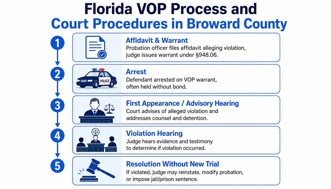 An infographic detailing the five-step Florida violation of probation process and court procedures in Broward County.
