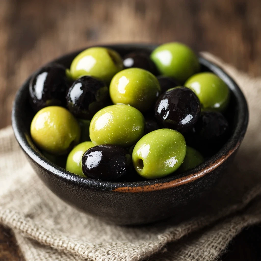 Green an black olives in a bowl