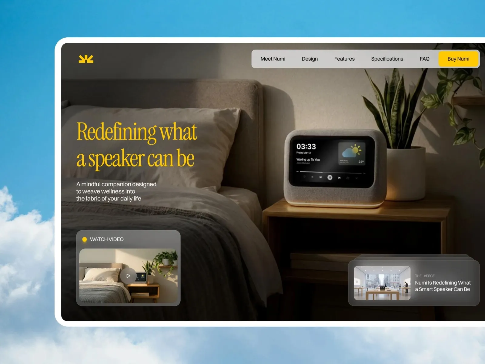 Smart speaker on a bedside table with time and weather display.