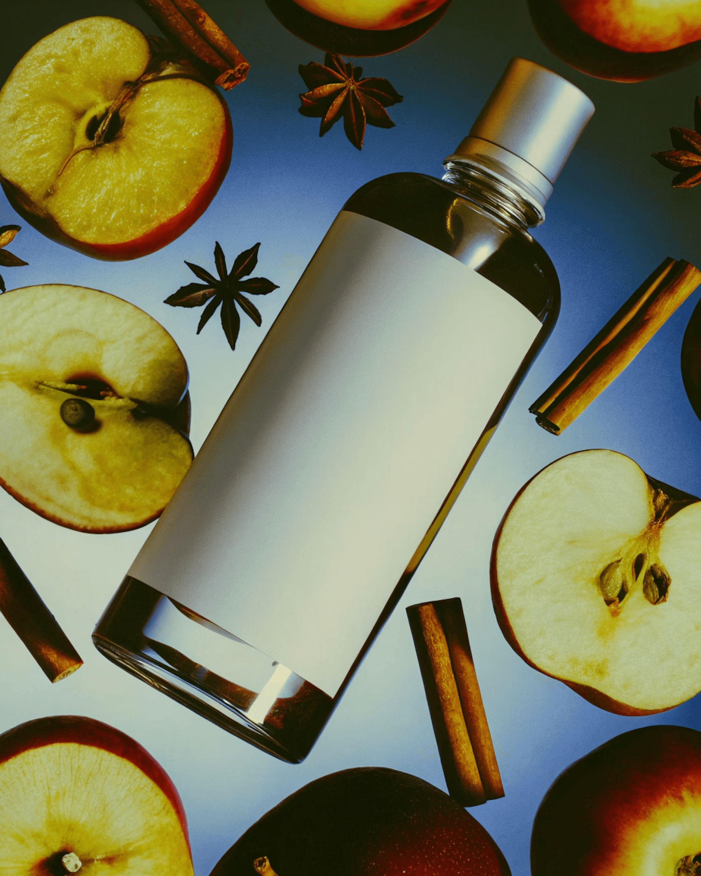 Apple cider fragrance bottle with cinnamon and star anise. Autumn scent concept