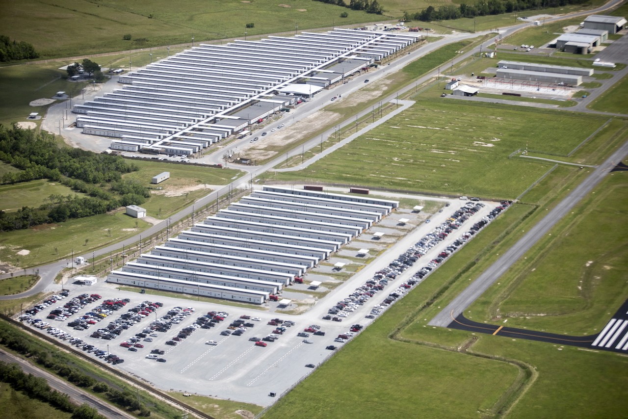 Aerial view of Moss Lake Village, a large temporary workforce housing community in Sulphur, Louisiana.