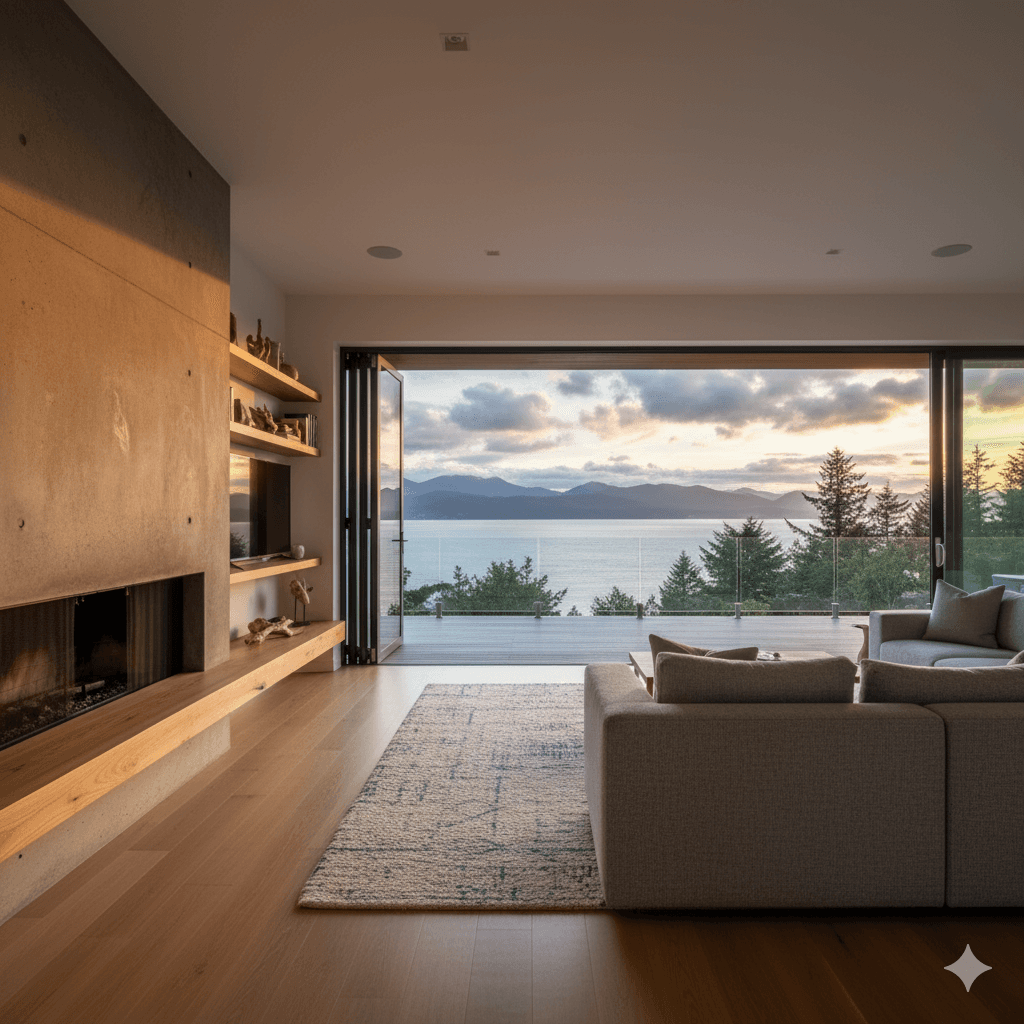 Modern two-story home with large glass windows, warmly lit interiors, and a balcony. Surrounded by trees and a manicured lawn at dusk. Cozy ambiance.