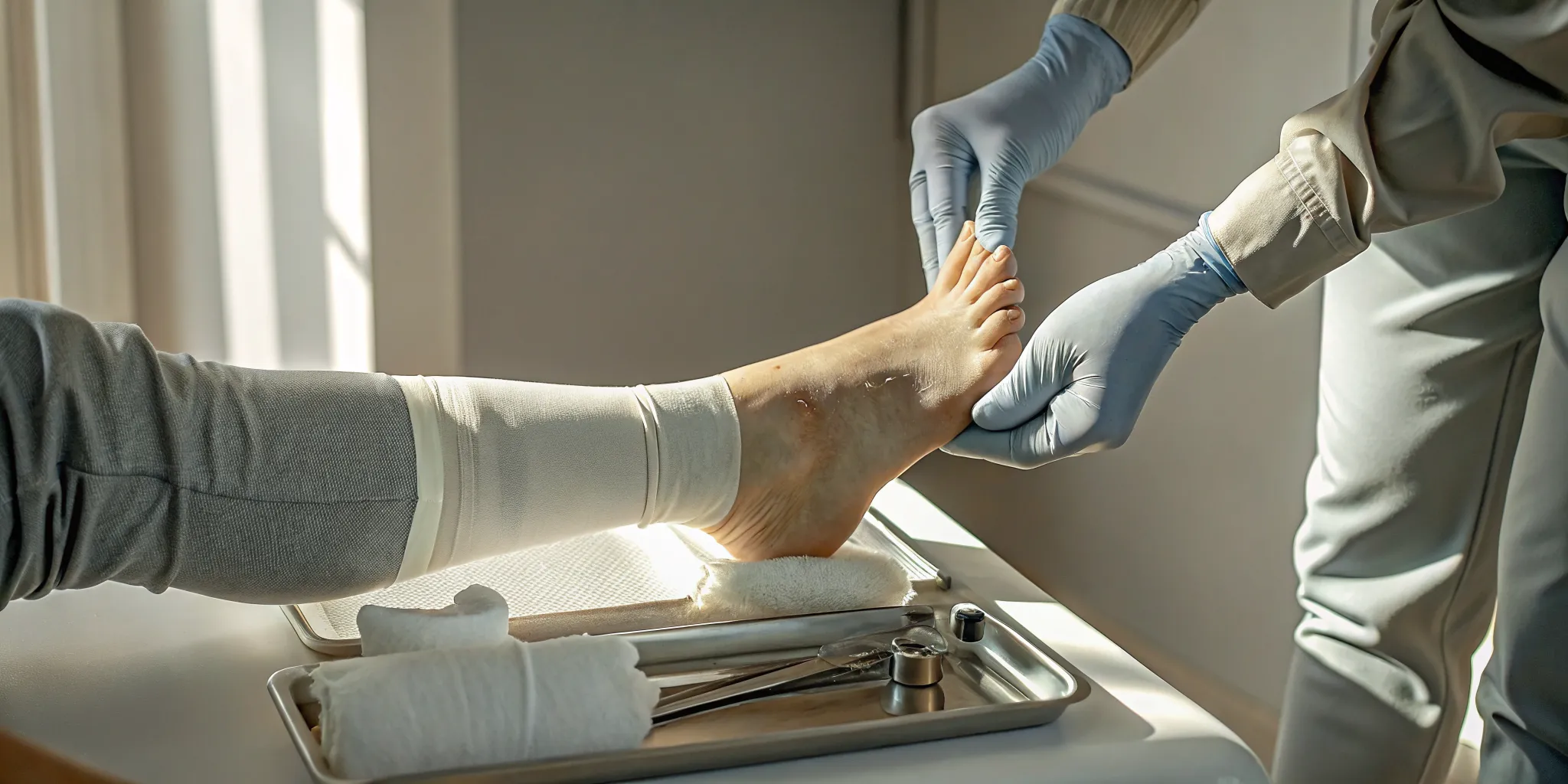 A podiatrist examines a patient's foot to treat a broken toe.