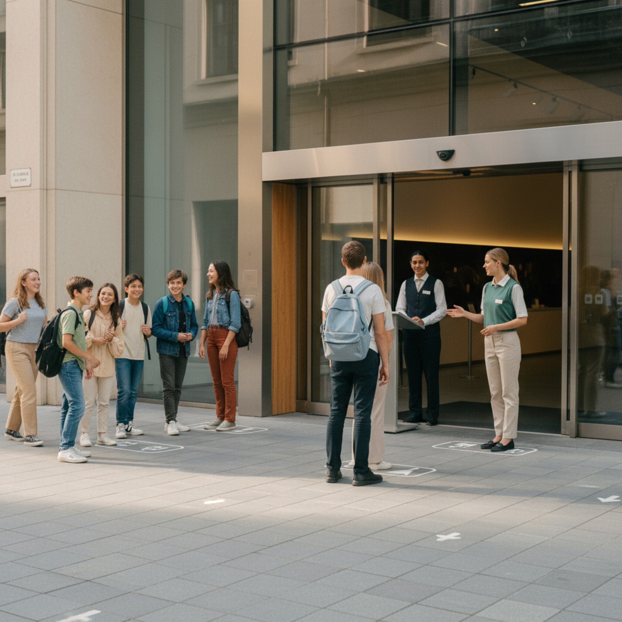Vor dem Eingang einer Ausstellung stehen kleine Gruppen in klar markierten Bereichen. Ein Mitarbeiter gibt diskrete Zeichen zum Einlass, während eine Schulklasse lachend nachrückt. Warmes Licht fällt durch Glasfassaden, Wegweiser zeigen die Route. Die Szene vermittelt geordnete Abläufe und entspannte Vorfreude.