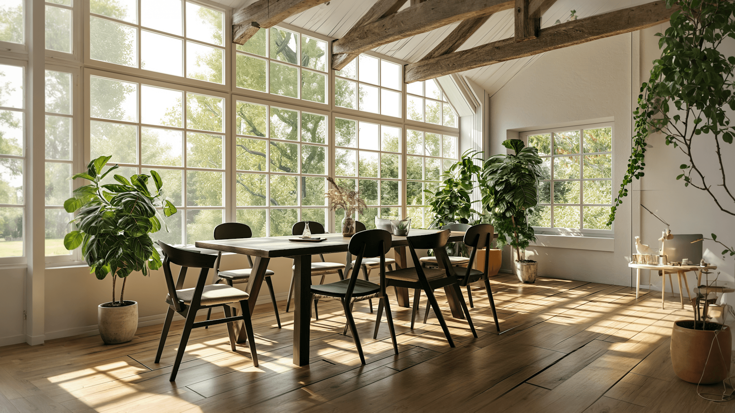 Bright dining area featuring a wooden table surrounded by chairs, large windows, and indoor plants.