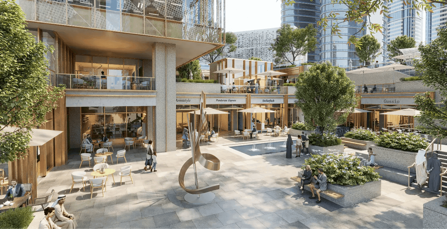 مساحات مفتوحة عصرية بتصميم رمادي وأزرق، ضمن المركز المالي دبي.