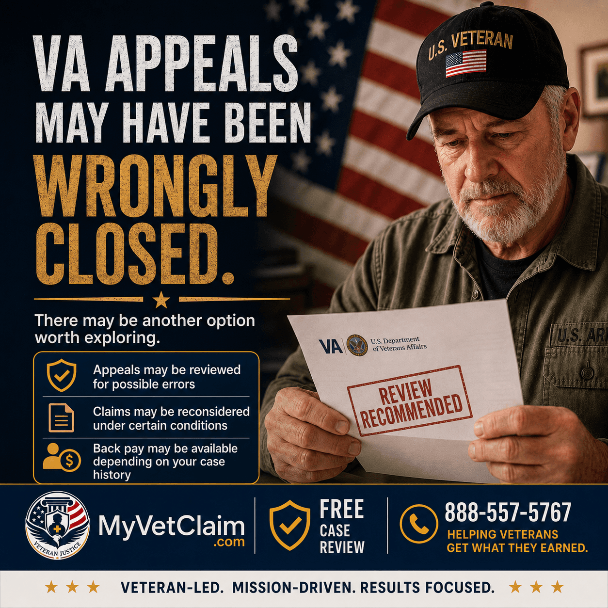 Veteran reviewing VA paperwork beside American flag, illustrating renewed attention to legacy VA appeals after proposed Freund settlement.