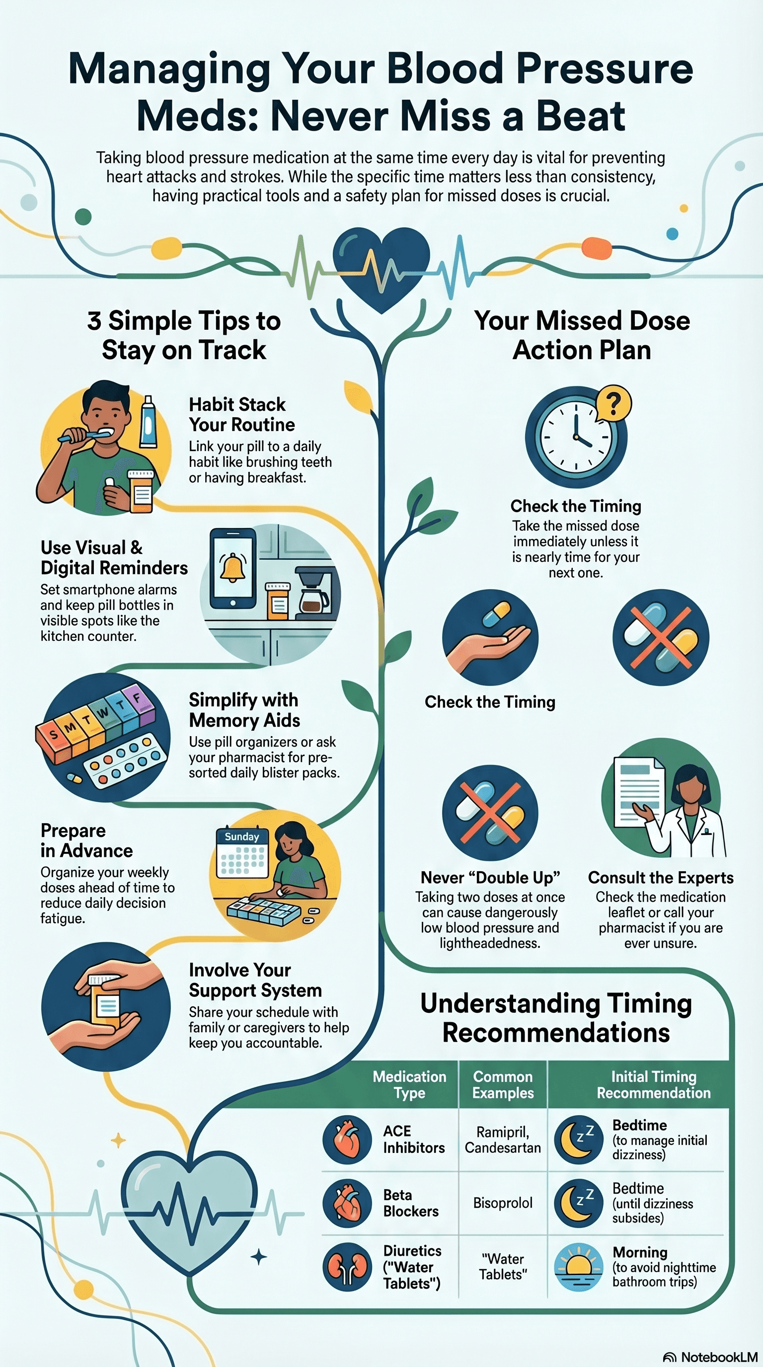 An educational infographic by Properdose Healthcare explaining how to manage blood pressure medication. The graphic is divided into three main sections: The first section outlines what to do if a dose is missed, instructing patients to take it as soon as they remember, skip it if it is close to the next dose, and to never take a double dose . The second section explains that blood pressure medication works equally well whether taken in the morning or the evening . The final section provides five practical tips to remember to take daily medication, including habit stacking, keeping pills visible, using reminders or pill organizers, involving family members, and setting up automatic refills .