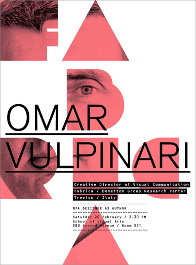 A poster showing a photo of a man made from red letters that spell FABRICA.