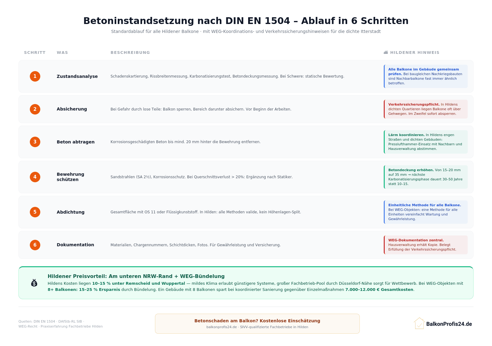 Infografik: Betoninstandsetzung nach DIN EN 1504 in 6 Schritten mit Hildener Hinweisen – Schritt 1: alle Balkone im Gebäude gemeinsam prüfen; Schritt 2: Absicherung bei Verkehrsgefährdung (Hildener Sonderschritt); Schritt 3: Lärm koordinieren in engen Straßen; Schritt 4: Betondeckung von 15–20 mm auf 35 mm erhöhen; Schritt 5: einheitliche Methode für alle WEG-Einheiten; Schritt 6: WEG-Dokumentation zentral ablegen. Insight-Box: Kosten 10–15 % unter Remscheid, WEG-Bündelung spart 7.000–12.000 € Gesamtkosten.