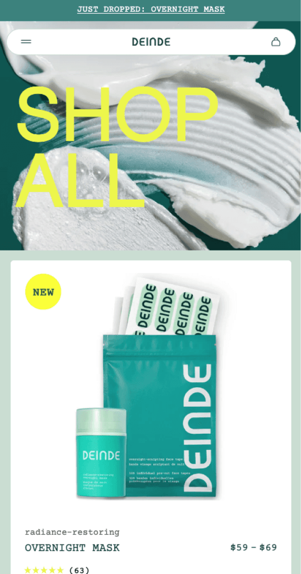 Mobile shop section showcasing Deinde skincare products