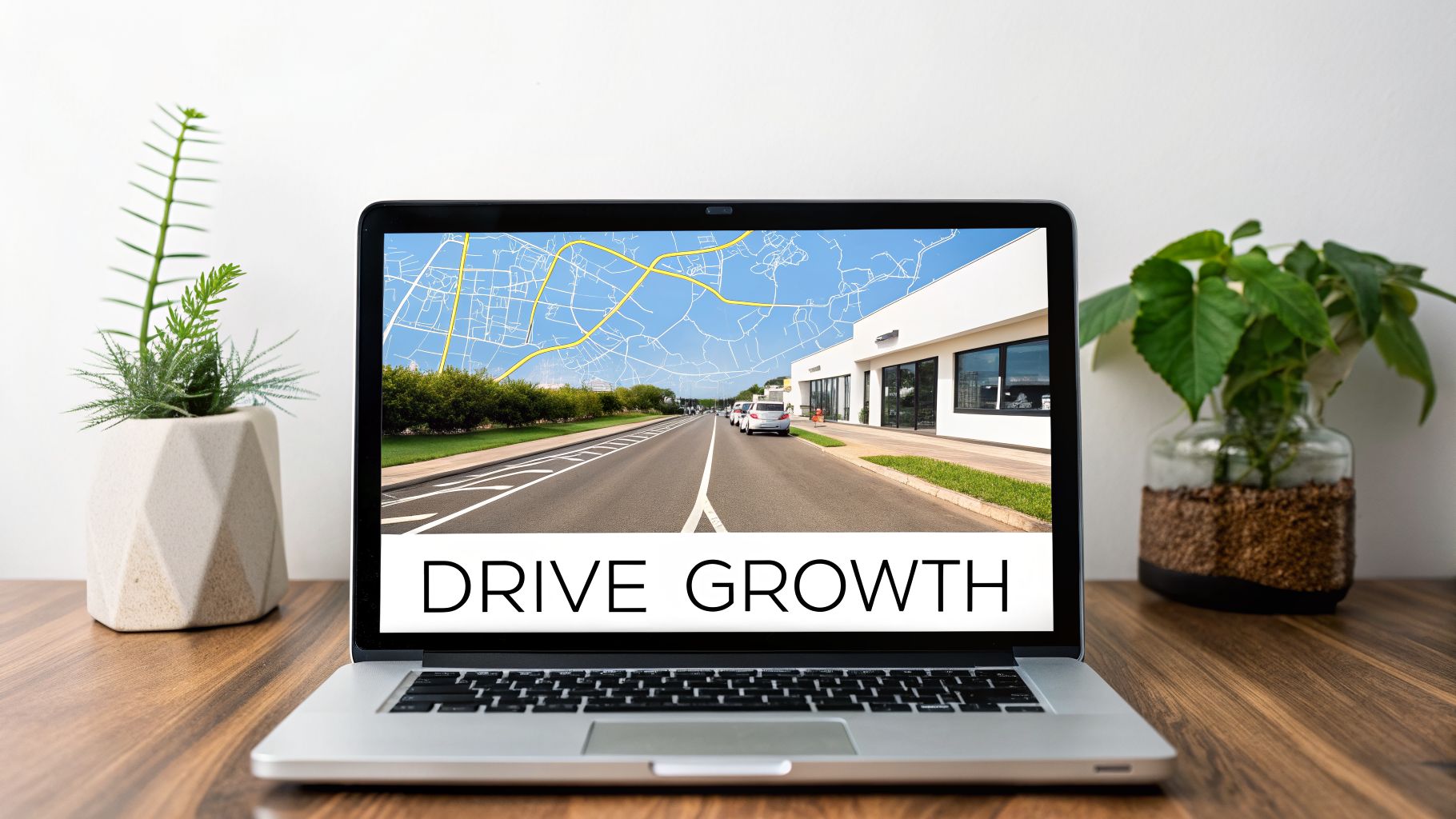 A laptop on a wooden desk displays 'DRIVE GROWTH' text over a road with a map overlay, flanked by plants.