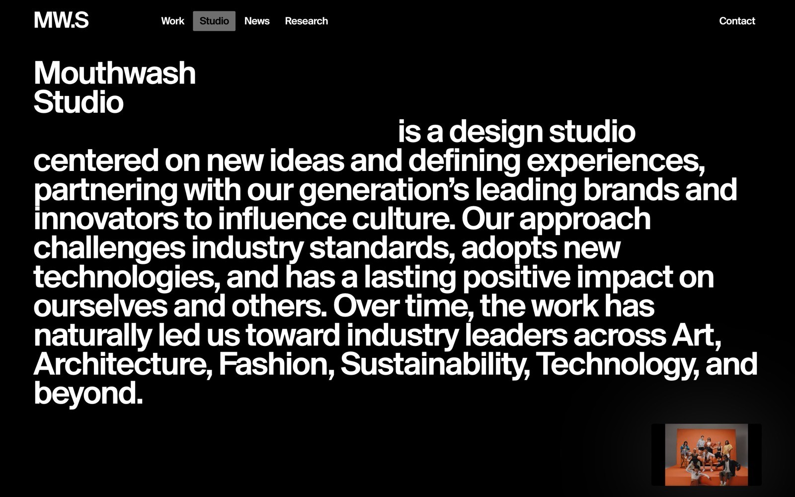 Black background with white text: "Mouthwash Studio" and description of the design studio. Top menu: Work, Studio, News, Research, Contact.