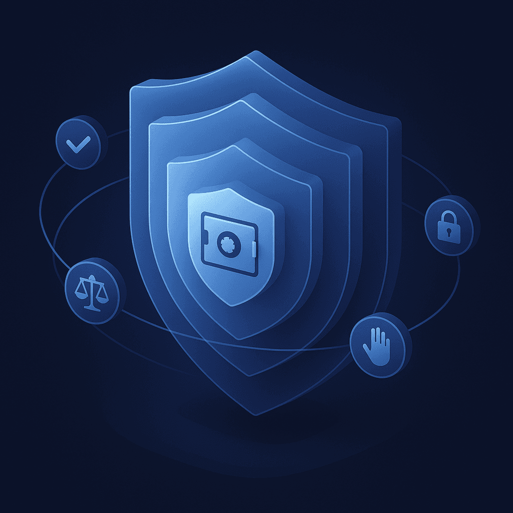 Layered shield around data vault symbolizing GDPR, CCPA, DELETE ACT privacy safeguards