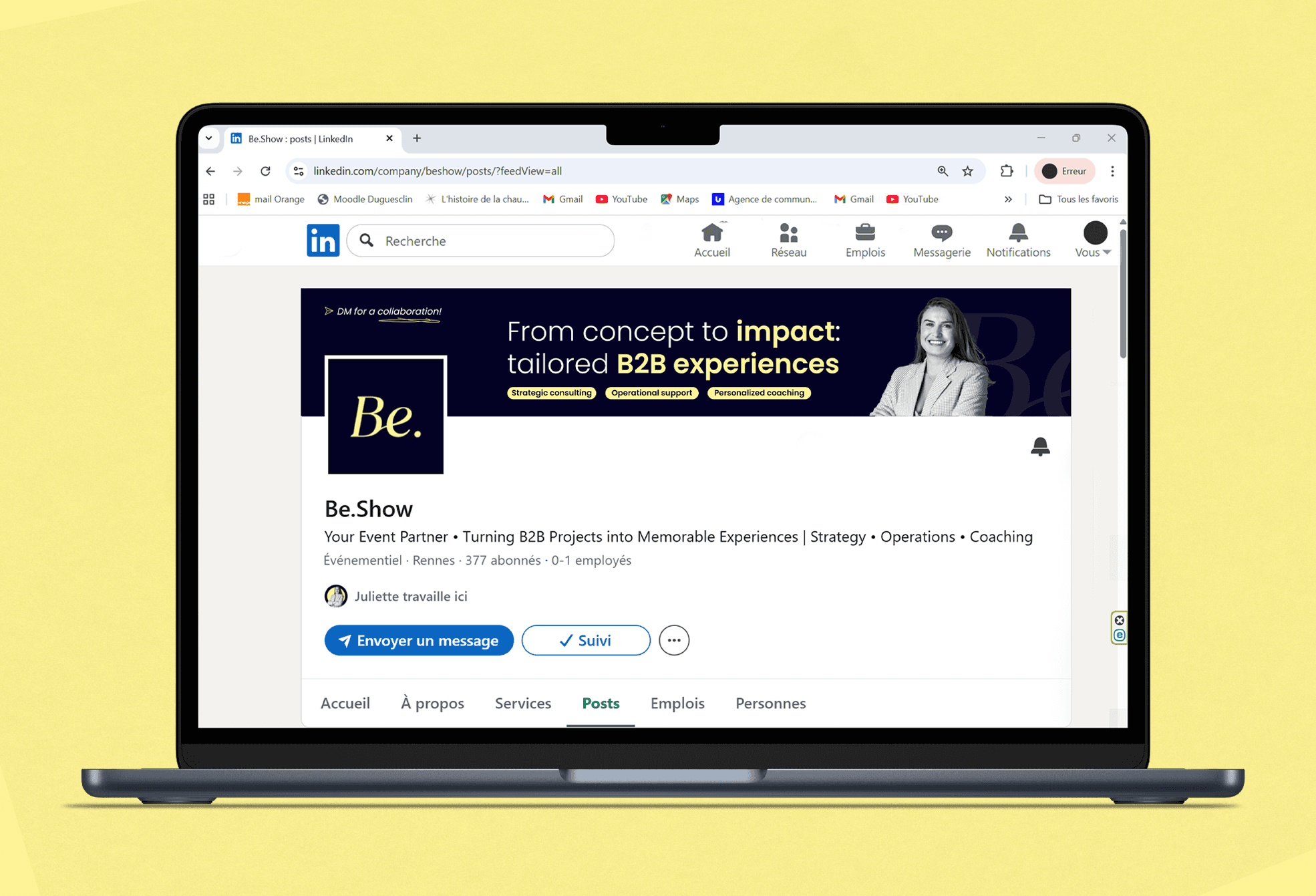Bannière LinkedIn du projet Be.Show, design digital et déclinaison de l’identité visuelle.
