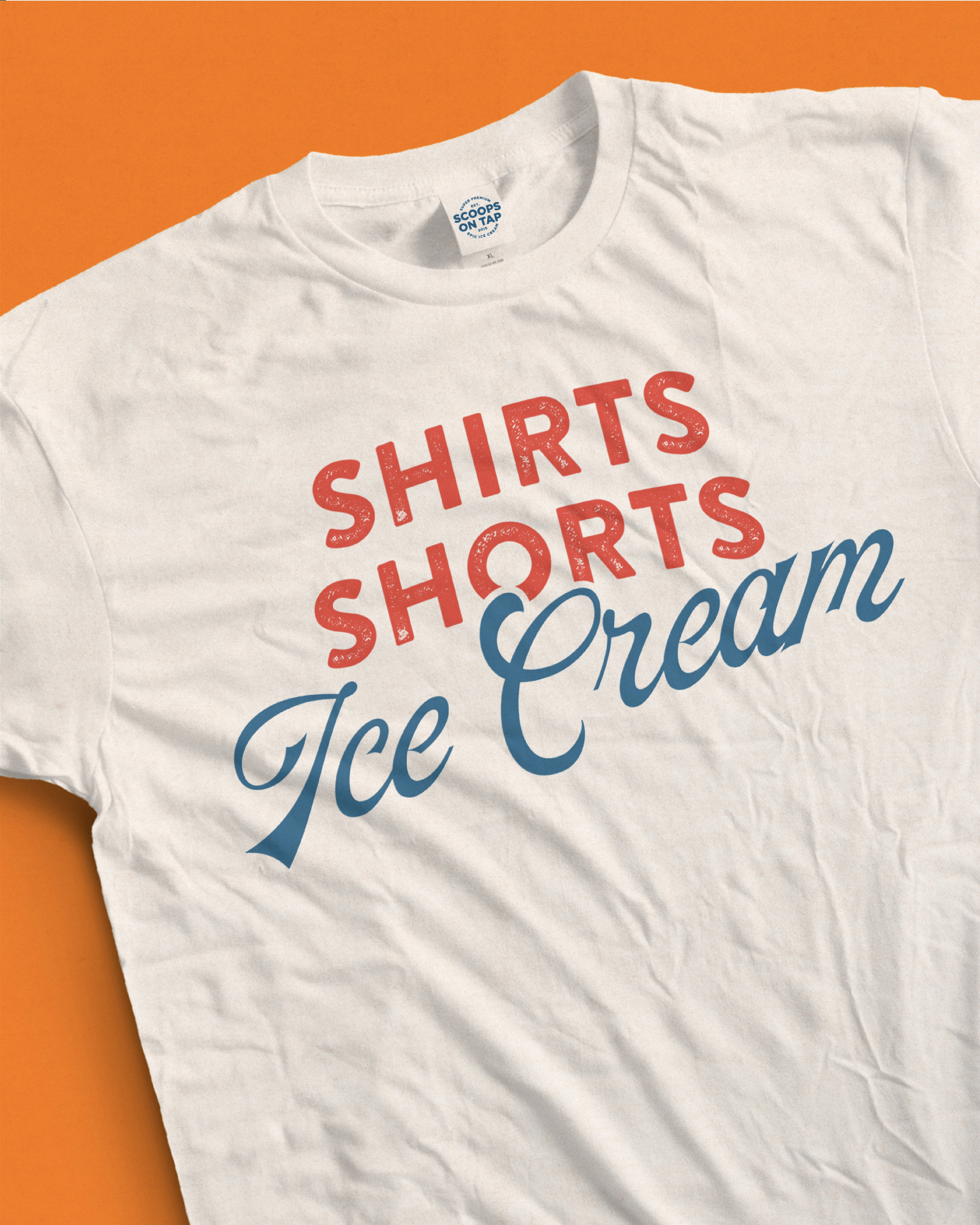 Scoops On Tap t-shirt with “Shirts Shorts Ice Cream” typography