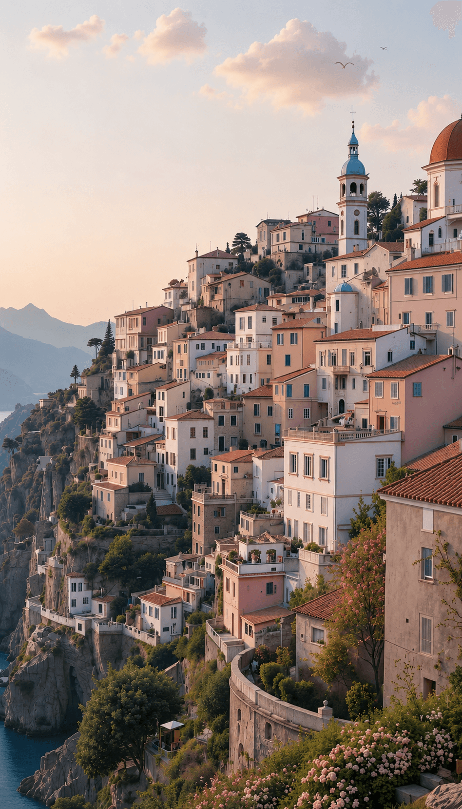 Scenic view of Amatrice, Italy, showcasing its charming architecture and surrounding hills under a clear blue sky.