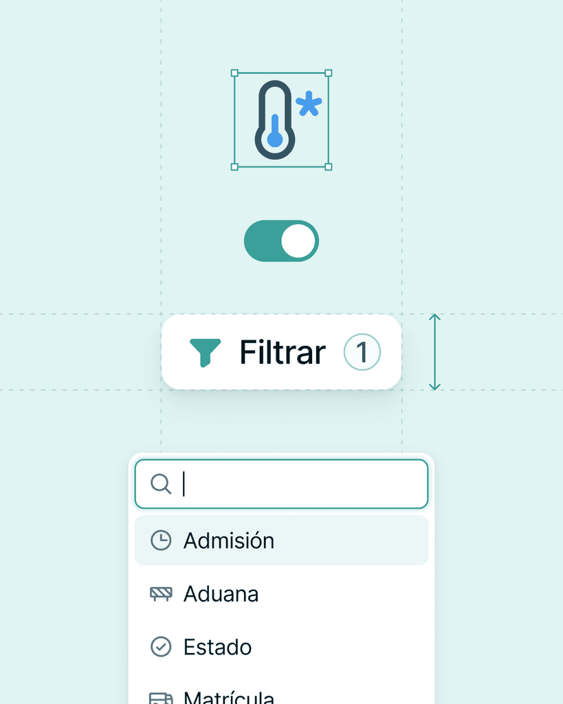 Image showing elements of a software interface: a thermostat icon, a toggle switch, a 'Filter' button, and an active search bar with a dropdown displaying options.