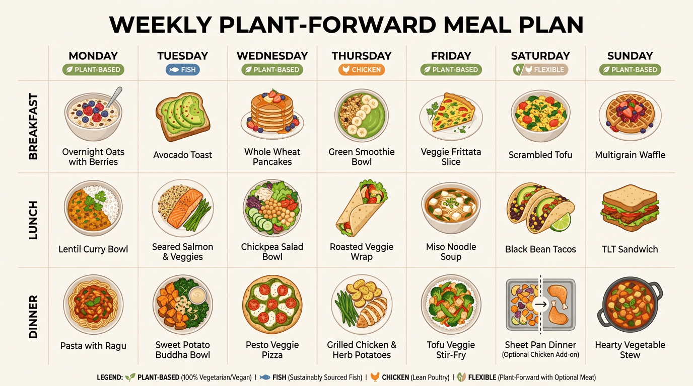 Flexitarian weekly meal plan calendar with plant-based, fish, and chicken days