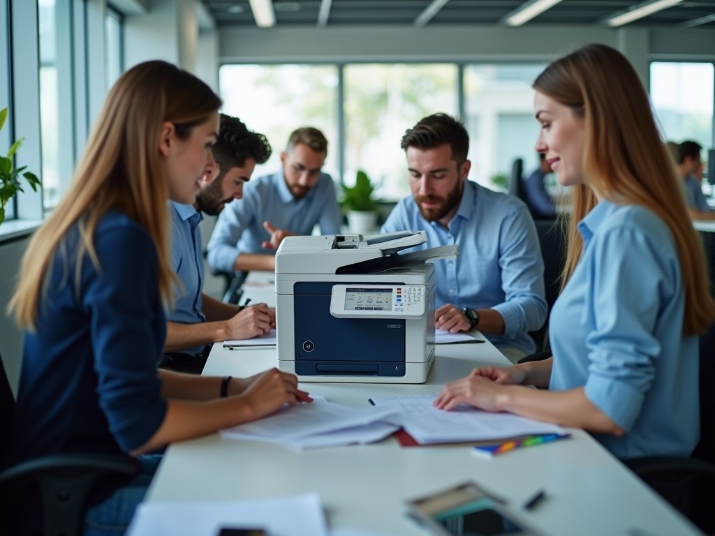 A team using a multifunctional printer for various tasks (printing, scanning, copying) in a busy office environment