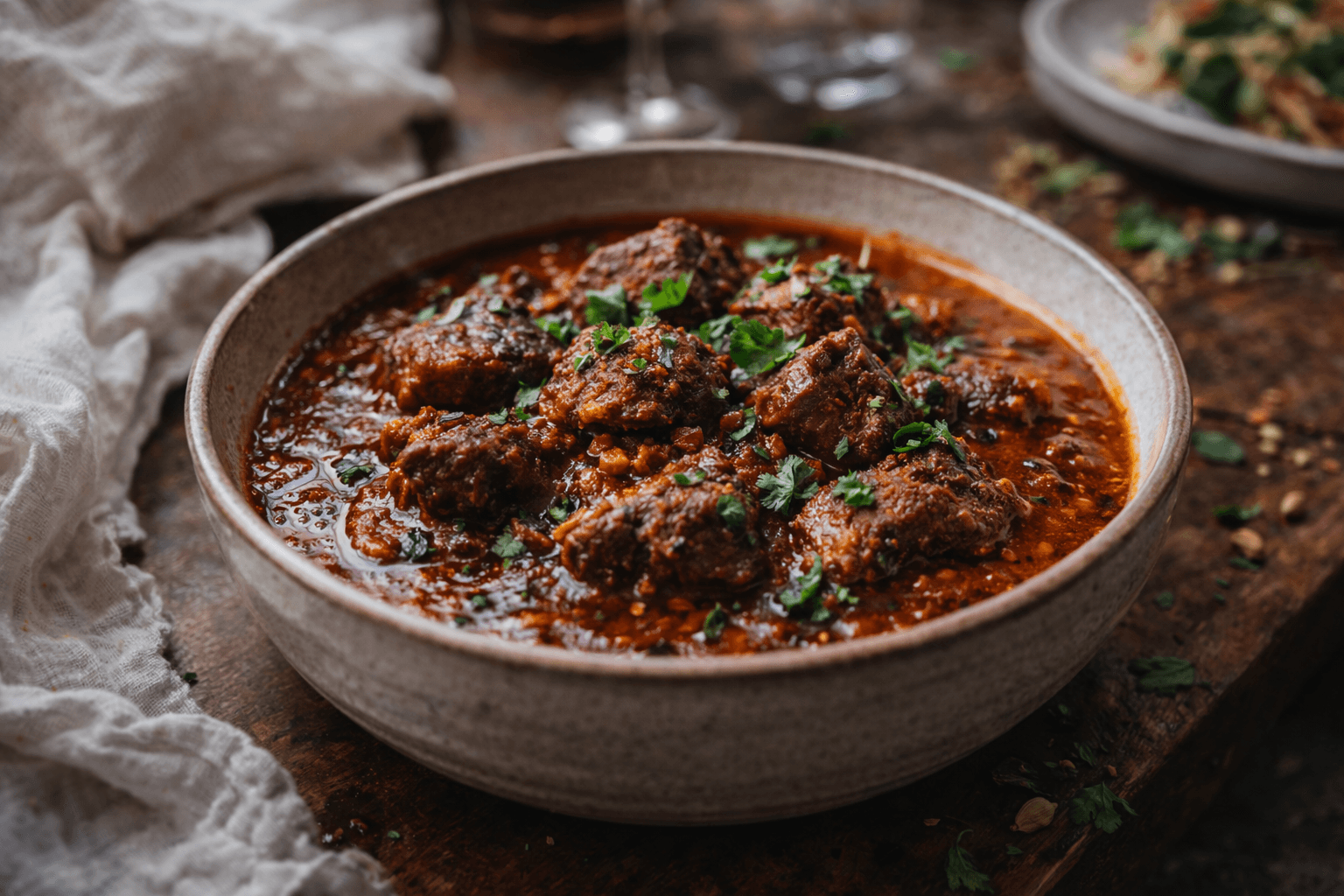 Two plates of pasta topped with herbs, crushed nuts, and a drizzle of sauce, set on a wooden table.
