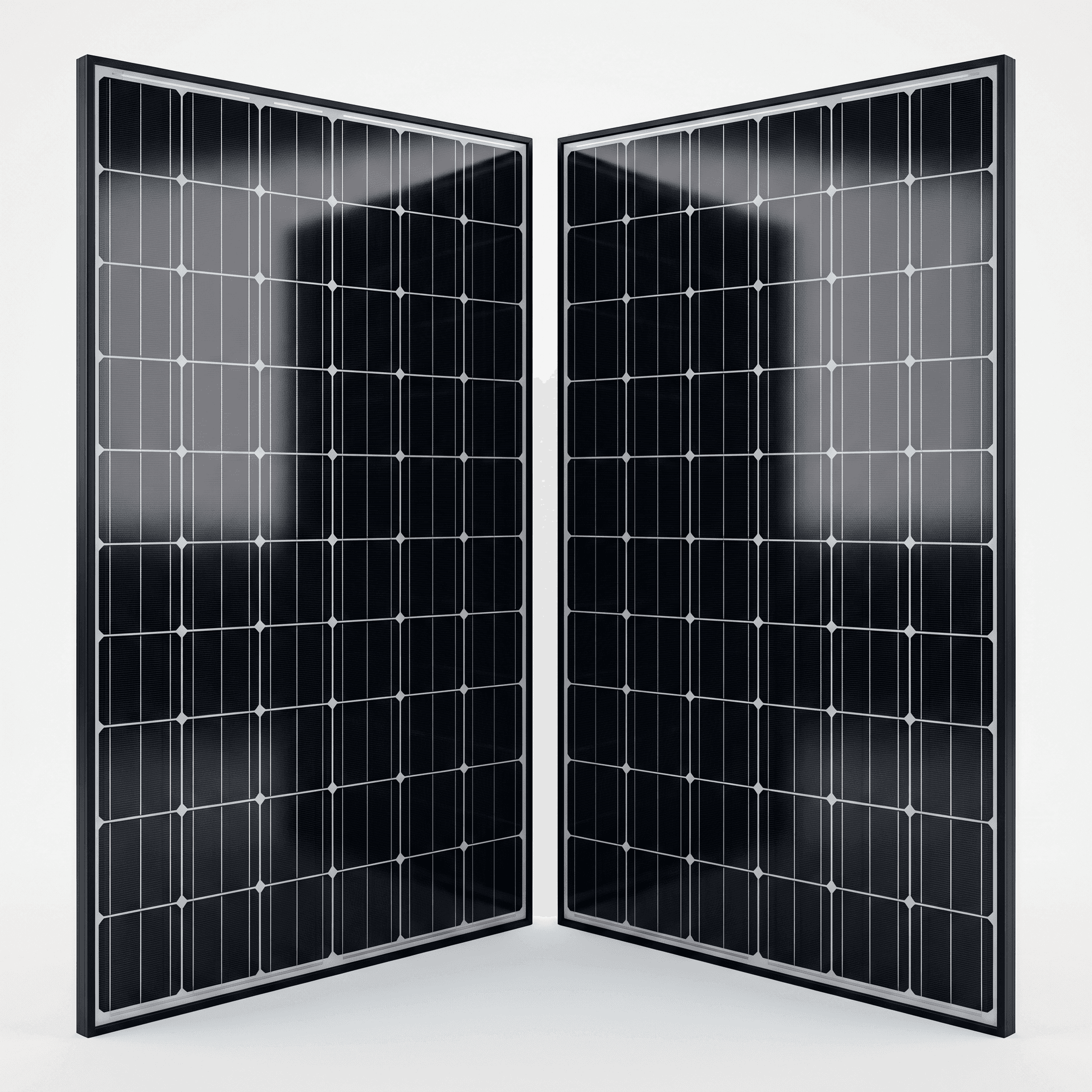Two black-frame monocrystalline solar panels side by side on a white studio background