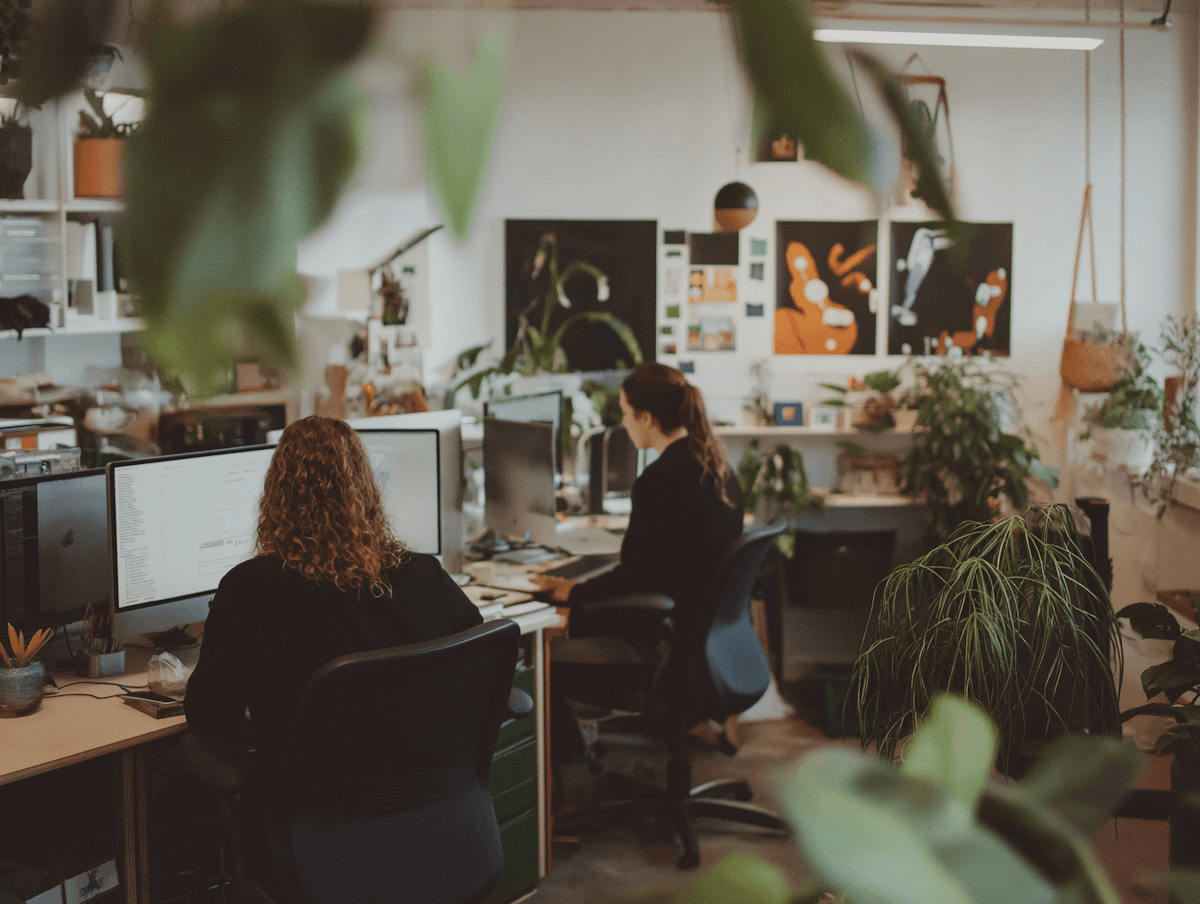 Diverse team of six people with hands piled in the center, smiling.