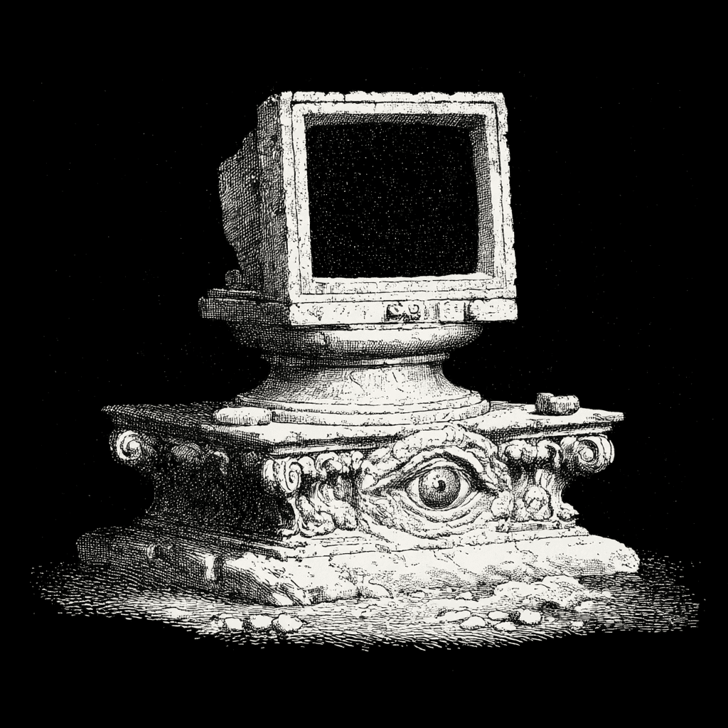 Ancient monitor pedestal with an eye, symbolizing vigilant UI/UX, web design, and development services at Catalyst48 studio.