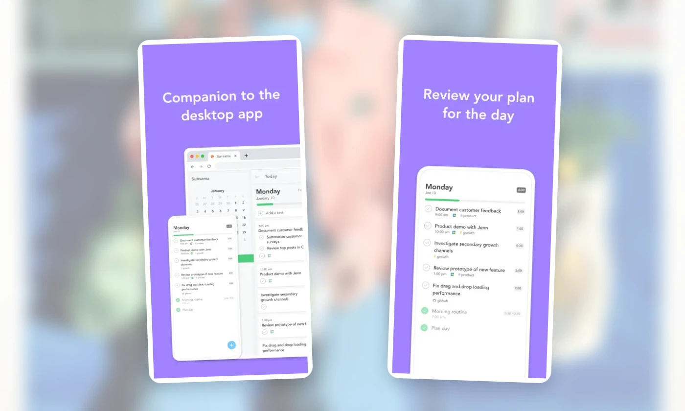 Official Sunsama screens showing the mobile companion and daily-plan review.