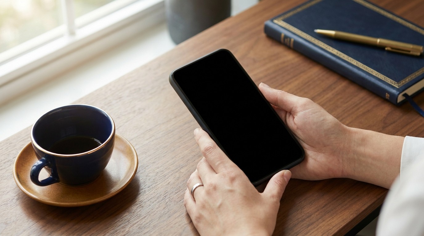 Two hands hold a smartphone with a dark screen beside a coffee cup and a navy notebook on a wooden desk.