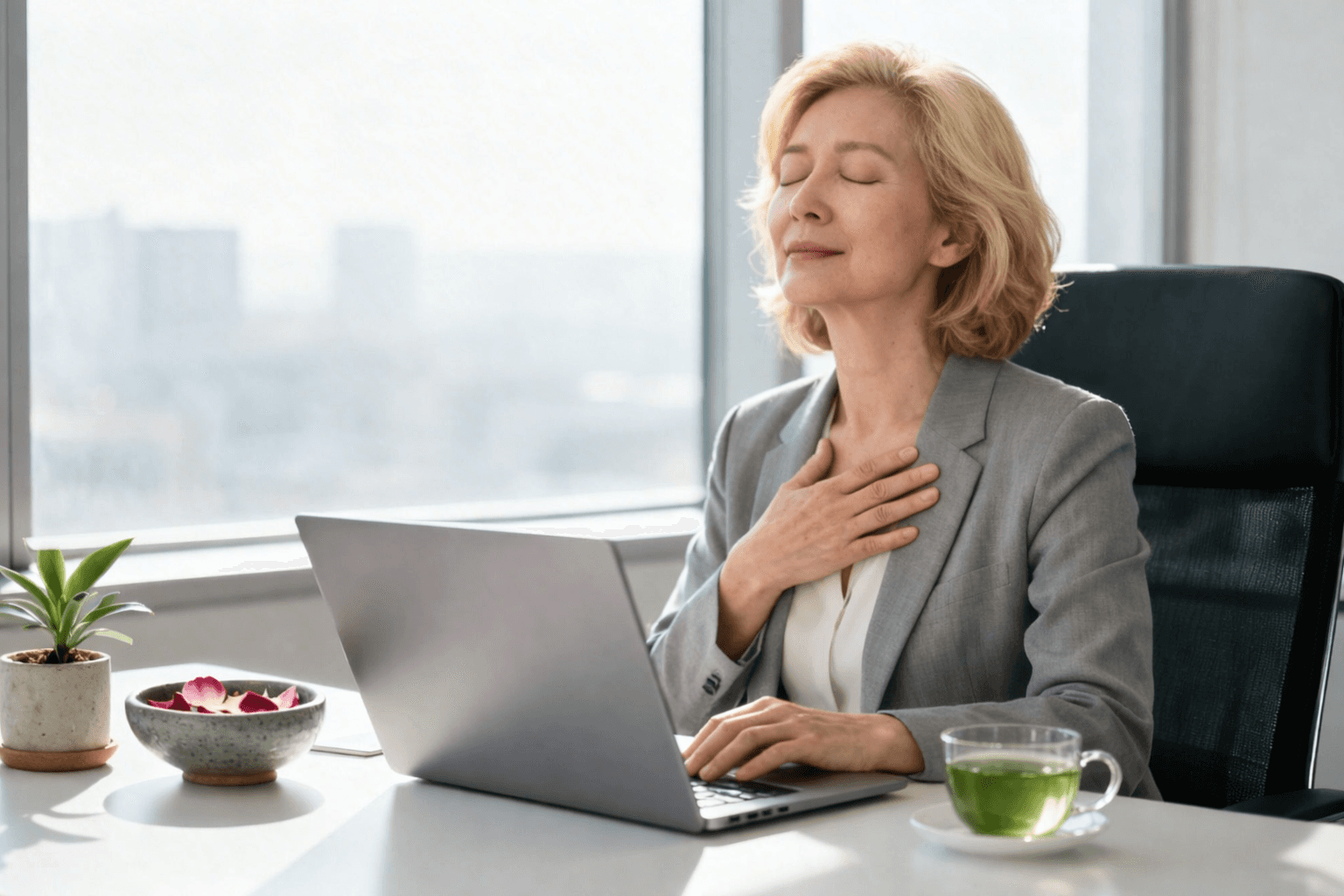 woman sitting in an office with tea 