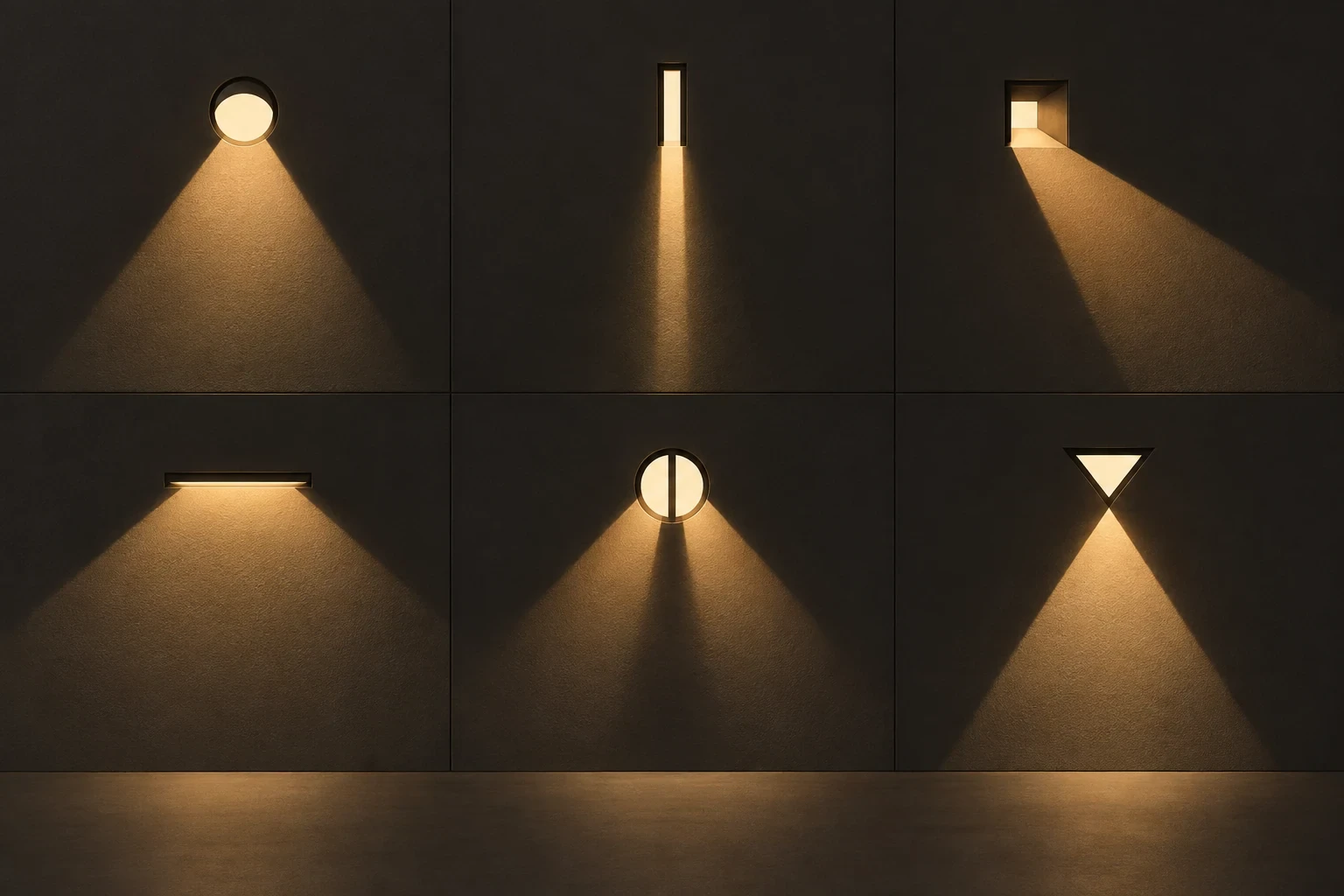 Six distinct miniature light apertures in a precise grid, each casting a different beam on dark wall, original lighting study
